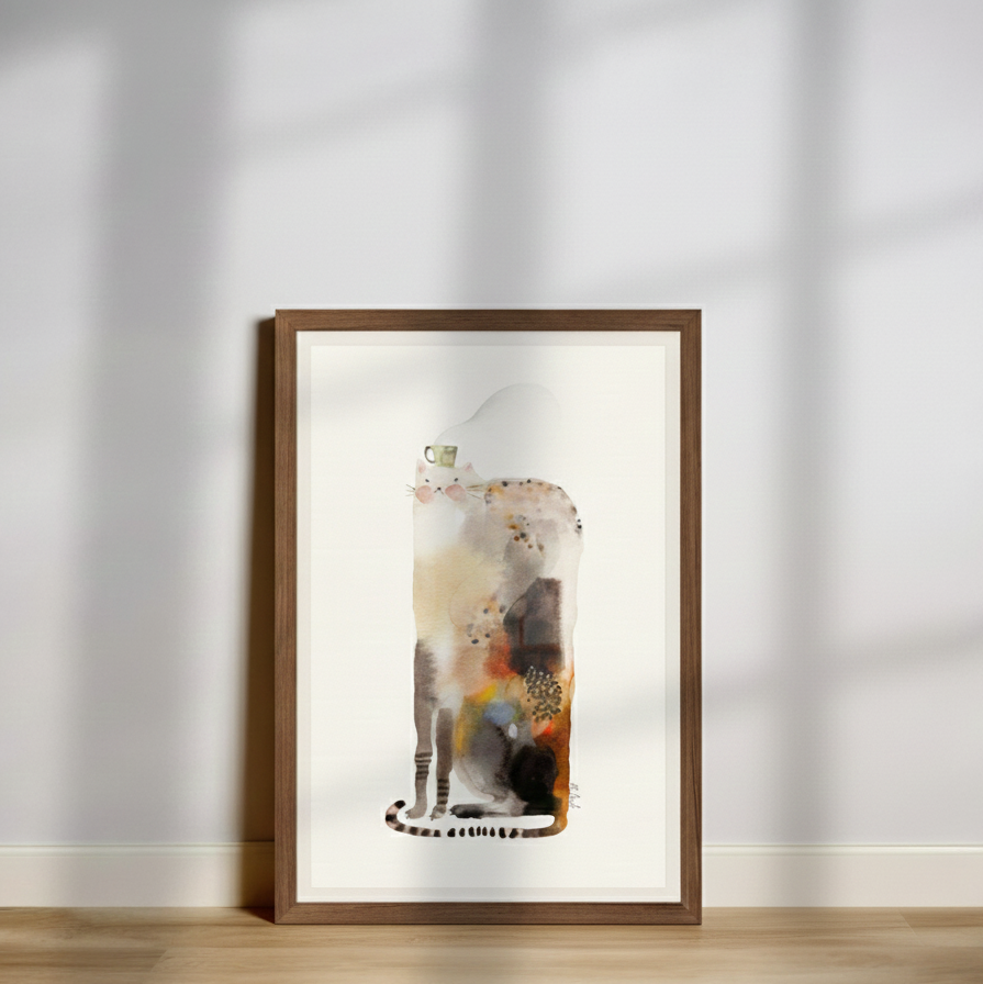 Framed Giclée Art Print "Tea Cat"